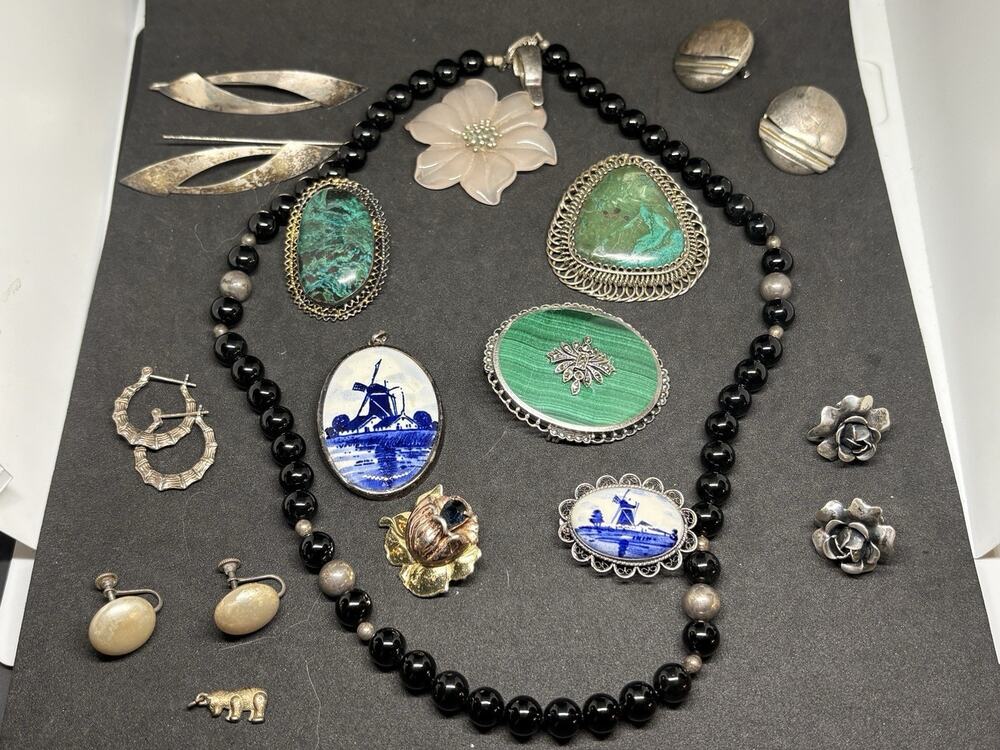 Vtg Sterling Silver Malachite Eilat Pink Quartz Rose Brooch Pendant Jewelry Lot